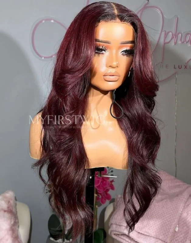 Human - hair colored wig for a natural and luxurious feelOpHair - 16-20 Inch Ombre Burgundy Long Wavy Glueless Invisible Human Hair Lace Front Wig - OPH023