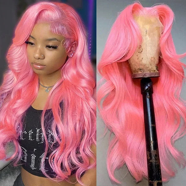 Colored wig with a side - part for a more flattering appearanceHairsmarket Barbie Pink Body Wave 13x4 HD Lace Front Wigs Pre Plucked Glueless Human Hair Wig 34 Inch 180%