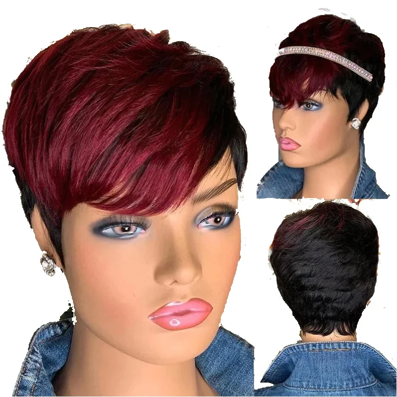 Colored wig with a middle - part for a classic and elegant style#1B/99J Straight Pixie Cut Short Bob With Bangs No Lace Wig side bangs