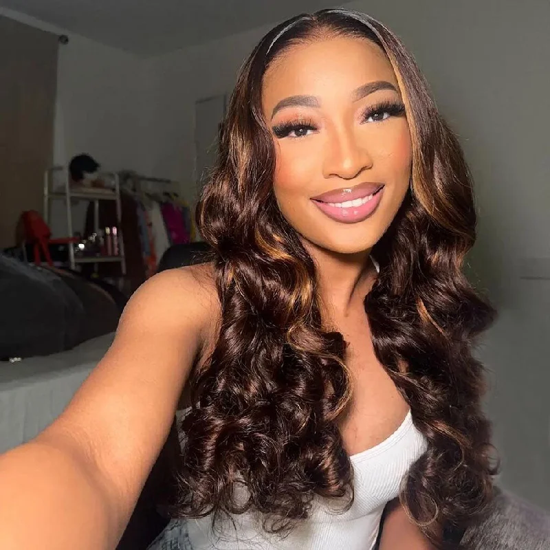 Colored wig with a wavy texture for a beachy and fun lookPre Cut 6x5 HD Lace Ombre Honey Brown Highlight Wear & Go Straight Body Wave Glueless Wig