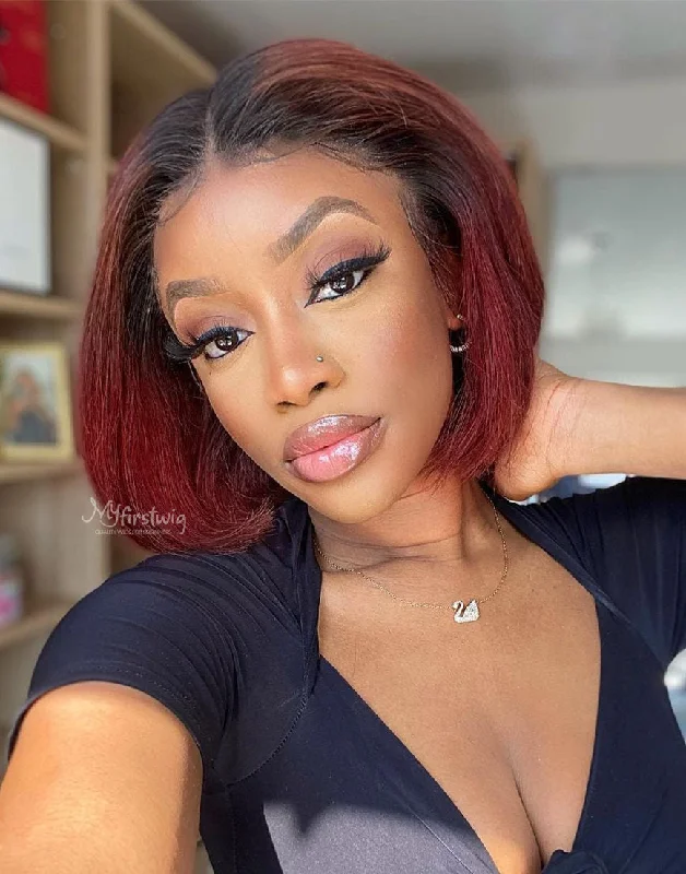 Colored wig with a straight texture for a sleek and minimalist lookQuinn - Human Hair Ombre Burgundy Blunt Cut Bob Lace Front Wig - LFB022