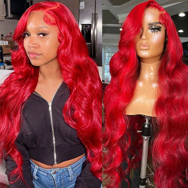 Colored wig with a natural - looking root for a more realistic lookHairsmarket Red Wig 13x4 HD Lace Front Wigs Body Wave Glueless Human Hair Wigs 30 Inch