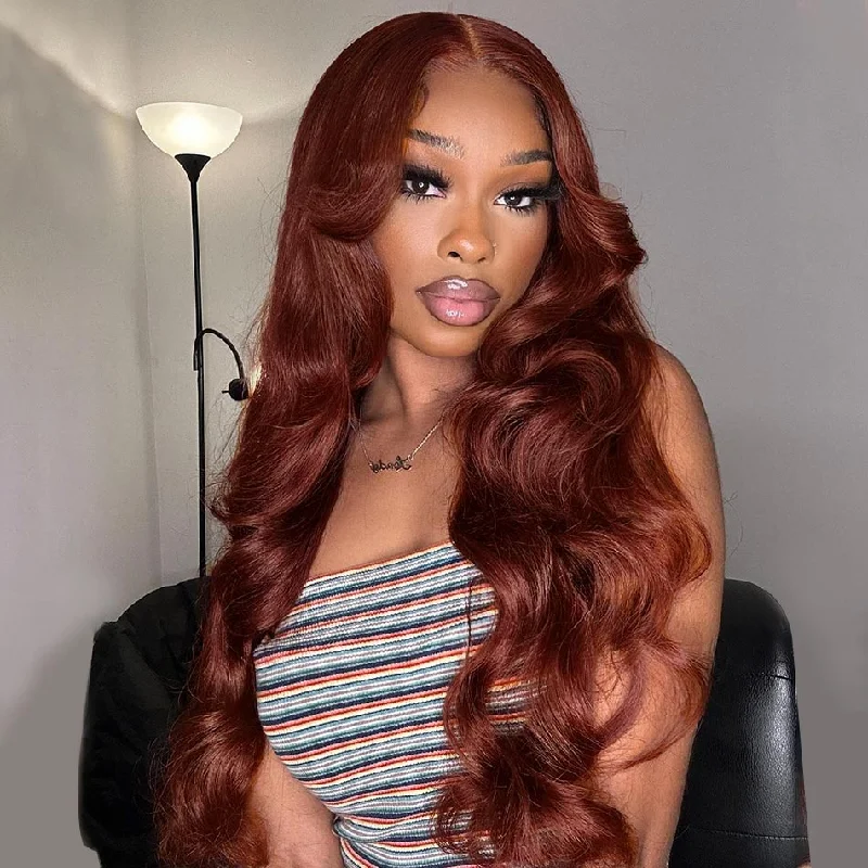 Human - hair colored wig for a natural and luxurious feelReddish Brown Curtain Bangs Body Wave Pre Cut 6x5 Lace Glueless Wigs