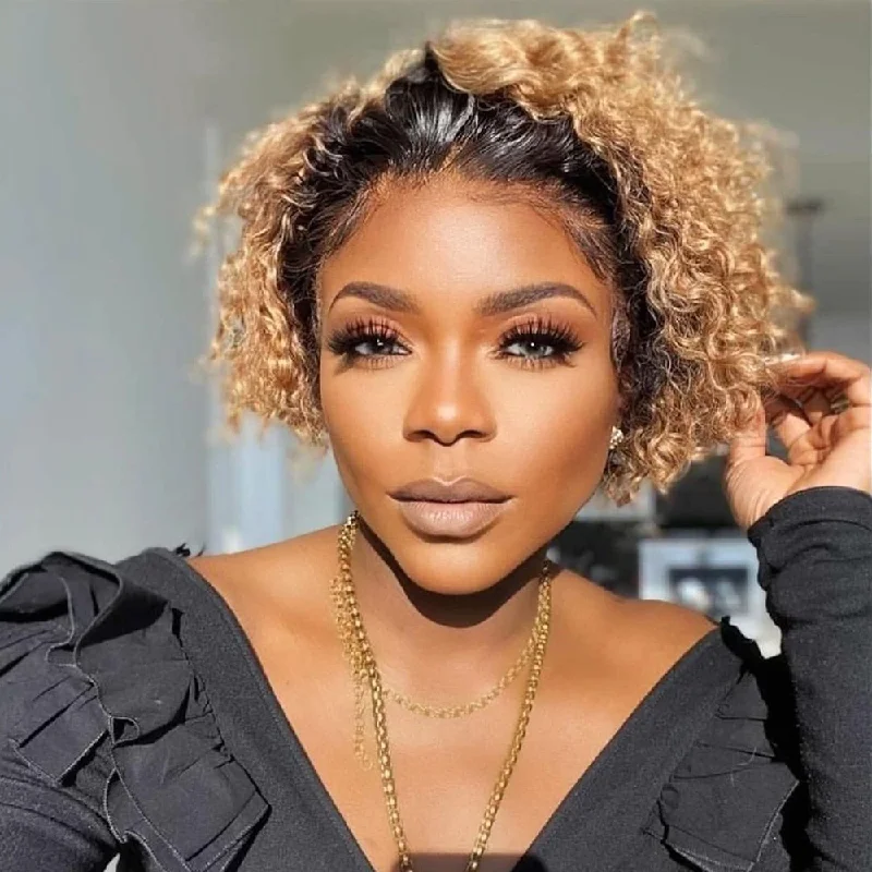 Colored wig with a silk - base cap for a comfortable and smooth feelOmbre 1B/27 Short Curly bob Pixie Cut 13×1 Lace Frontal 150% Density Wig