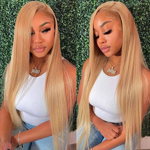 Colored wig with a pre - bleached knot for a natural - looking scalpStraight #27 Honey Blonde 13X4 Lace Front Wig Human Hair Colored Wigs For Women