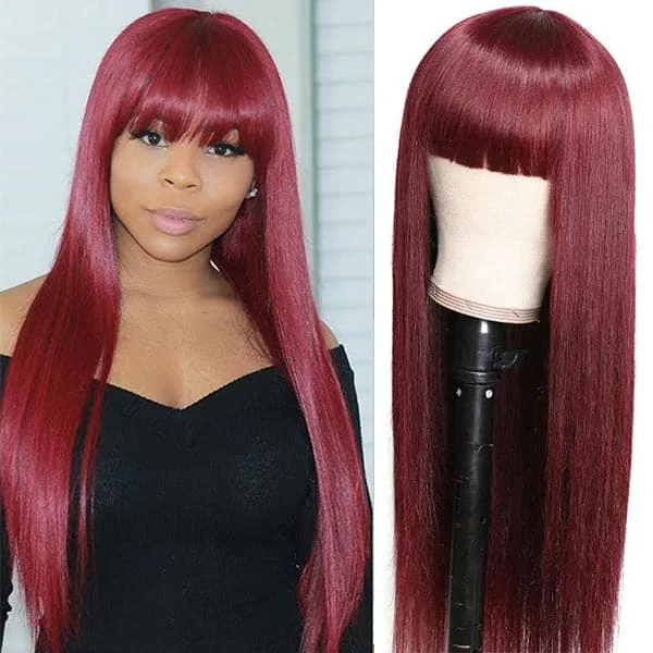 Human - hair colored wig for a natural and luxurious feelMslynn Burgundy Hair Straight Ombre Burgundy Wig 2X4 Lace Wig With Bangs Human Hair