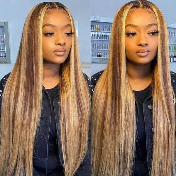 Colored wig with a wavy texture for a beachy and fun lookTransparent 360 Lace Frontal Wig 4/27 Highlights Straight Wig Honey Blonde Colored Hair