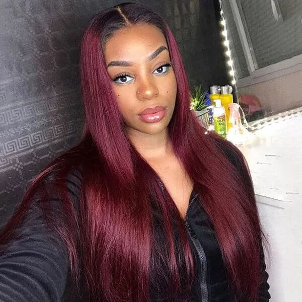 Colored wig with a side - swept bang for a sophisticated lookStraight Ombre 1B/99J Burgundy 360 Lace Frontal Wig Straight Human Hair Wigs