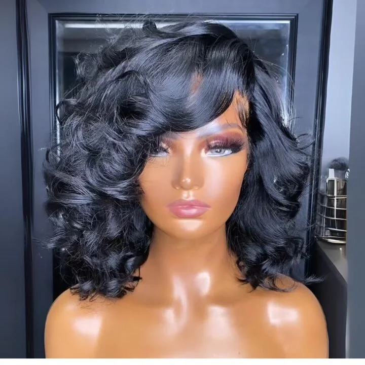 Colored wig with a 150 - density for a full and thick appearanceSunshine Chic Glueless Short Loose Wave Transparent Lace Closure Wigs Brazilian Human Hair Pre Plucked Hairline Nature Color -Amanda Hair