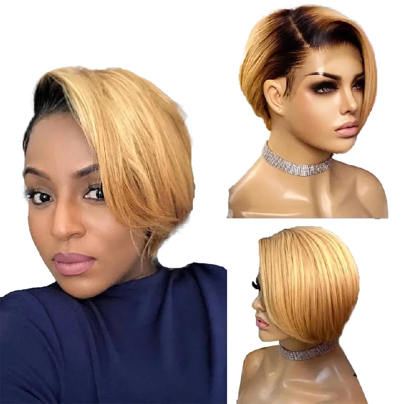 Colored wig with a pre - bleached knot for a natural - looking scalp1B/27 Ombre Straight Pixie Cut Short Bob 13x4x1 T Lace Front Human Hair Wig