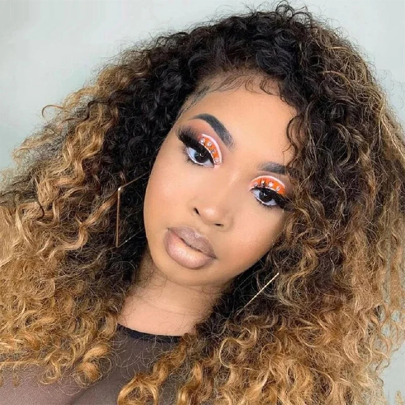 Adjustable - cap colored wig for a comfortable fitT1B/30 Ombre Kinky Curly Transparent Lace Front Human Hair Wig