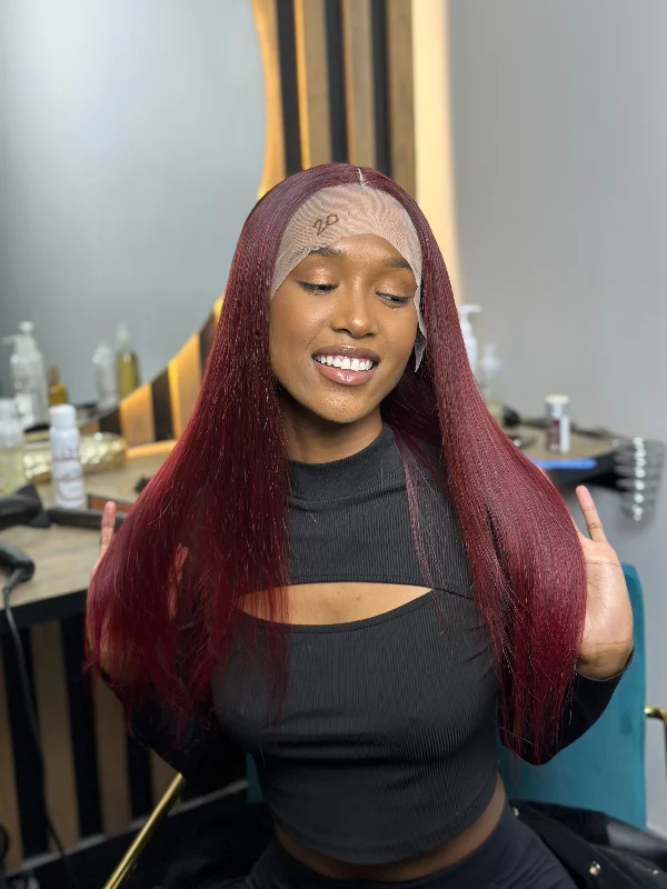 Colored wig with a pre - plucked hairline for a more natural lookThe Mbali 12a Unit - Burgundy