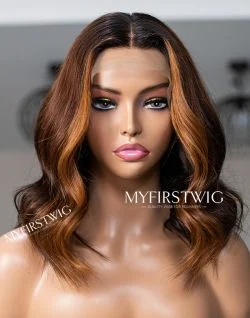 Colored wig with a side - swept bang for a sophisticated lookTOUCHEDBYAYE - Malaysian Human Hair Brown Ombre Short Wavy Lace Front Wig - TBA005