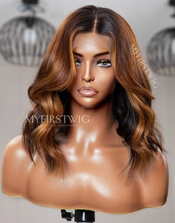 Human - hair colored wig for a natural and luxurious feelTOUCHEDBYAYE - MALAYSIAN HUMAN HAIR BROWN OMBRE SHORT WAVY LACE FRONT WIG - TBA009