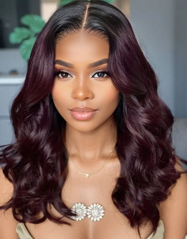 Colored wig with a silk - base cap for a comfortable and smooth feelTouchedByAye - Ombre Burgundy Wavy Glueless Wig Invisible Lace Front Wig - TBA036