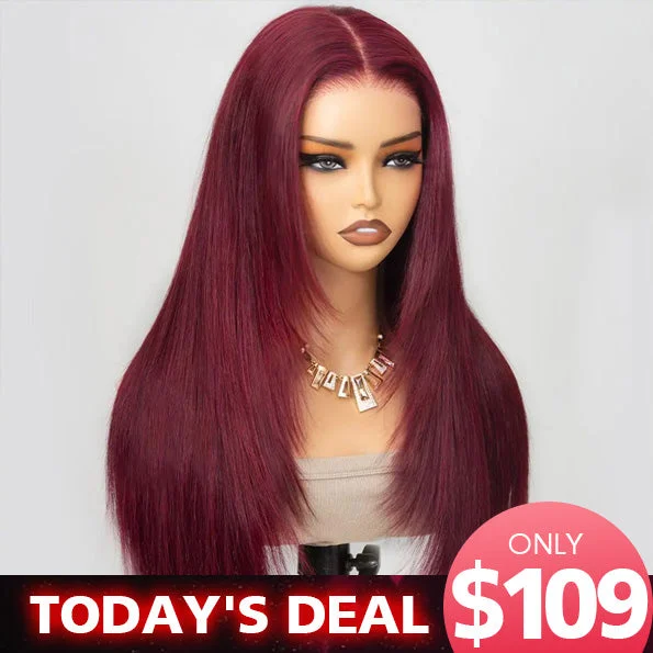 Colored wig with a side - swept bang for a sophisticated lookTrendy Layered Cut Pre Cut 6x5 Lace Straight Glueless Wig 99j Burgundy/Dark Brown/Copper Brown Color