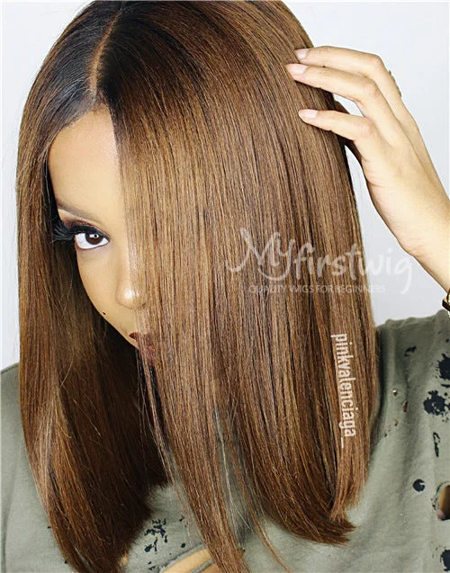 Colored wig with a pre - bleached knot for a natural - looking scalpValentine'S Human Hair Ombre Hair Bob Lace Front Wig - LFW007