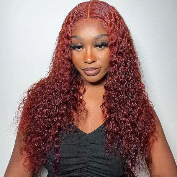 Adjustable - cap colored wig for a comfortable fit33 Reddish Brown Auburn Water Wave Wig Transparent 13X4 Lace Frontal Wig