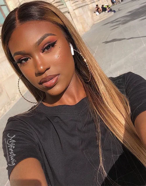 Colored wig with a straight texture for a sleek and minimalist lookYara - Human Hair Blonde Ombre Highlight Lace Front Wig - LFW044