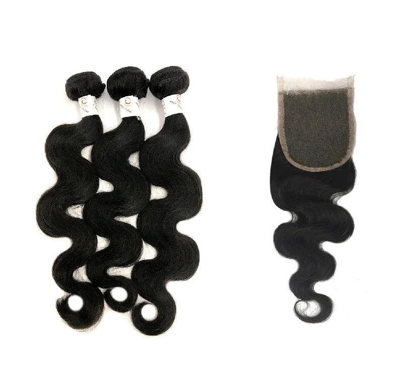 Braided wigs with a side - part for a flattering look5A Brazilian 3 Bundle Set Body Wave w/ 4"X4" Lace Closure