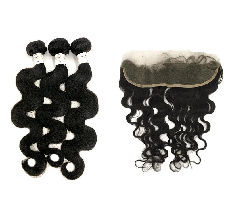 Human hair braided wigs for a luxurious feel8A Malaysian 3 Bundle Set Body Wave w/ 13"x4" Lace Frontal