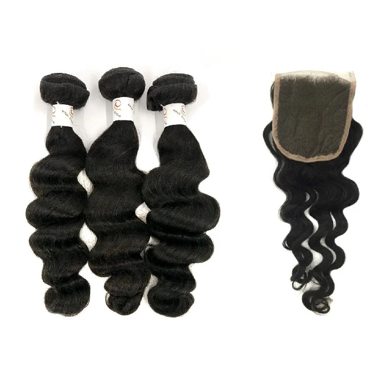 Long - length braided wigs for a glamorous and voluminous style8A Malaysian 3 Bundle Set Loose Wave w/ 4"X4" Lace Closure