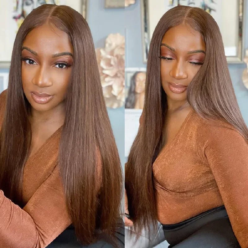 Human - hair wig with a pre - bleached knot for a natural - looking scalpBrennas Hair Brown Straight 12A Upgraded Versatile 9X7 Easy To Go Glueless Wigs Human Hair Pre Plucked Pre Cut Transparent Lace Front Wigs 180% Density