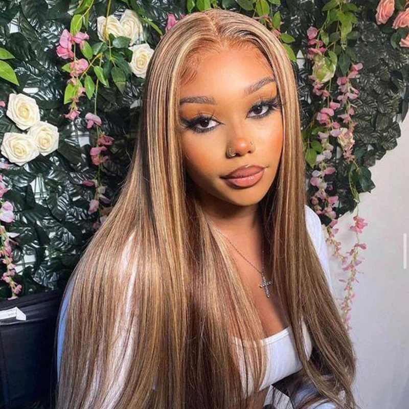 Human - hair wig with a silk - base cap for a comfortable and smooth feelBrennas Hair Highlight Straight 12A Upgraded Versatile 9X7 Easy To Go Glueless Wigs Human Hair Pre Plucked Pre Cut Transparent Lace Front Wigs 180% Density