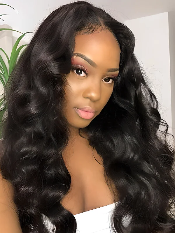 Lace wig with a side - part for a more flattering lookCurlyMe Body Wave Natural Black Human Hair T part Lace Front Wigs With Natural Hairline