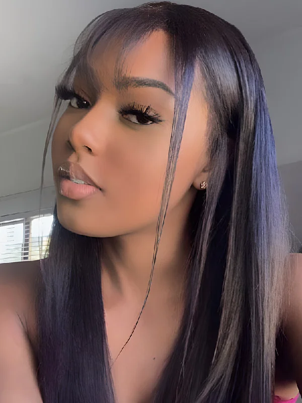 Lace wig with a wispy fringe for a soft and feminine lookCurlyMe Straight Hair Natural Black T part Lace Front Wigs Human Hair with Natural Hairline