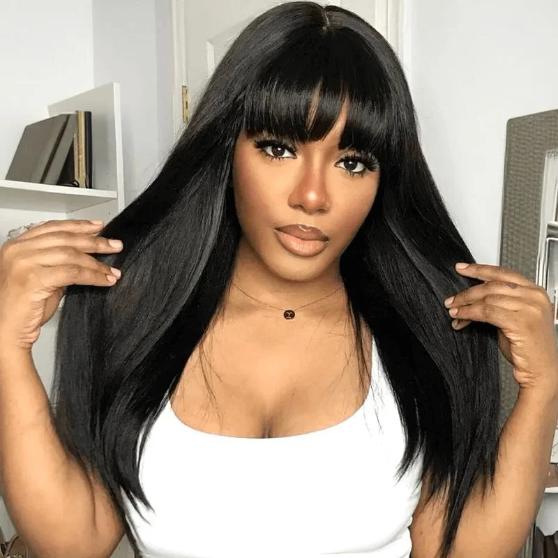 Lace wig with a pre - plucked hairline for a more natural lookAligrace Full Machine Made Straight Wigs with Bangs Black Color