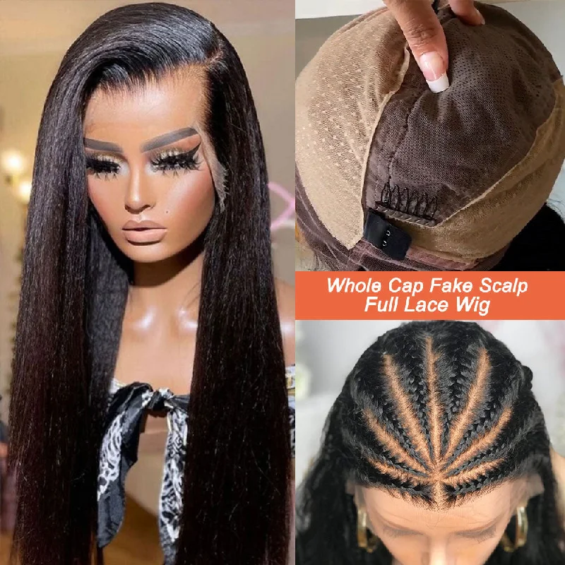 Lace wig with a wispy fringe for a soft and feminine lookAmina | Full Lace Fake Scalp Preplucked Virgin Human Hair Wig | Yaki