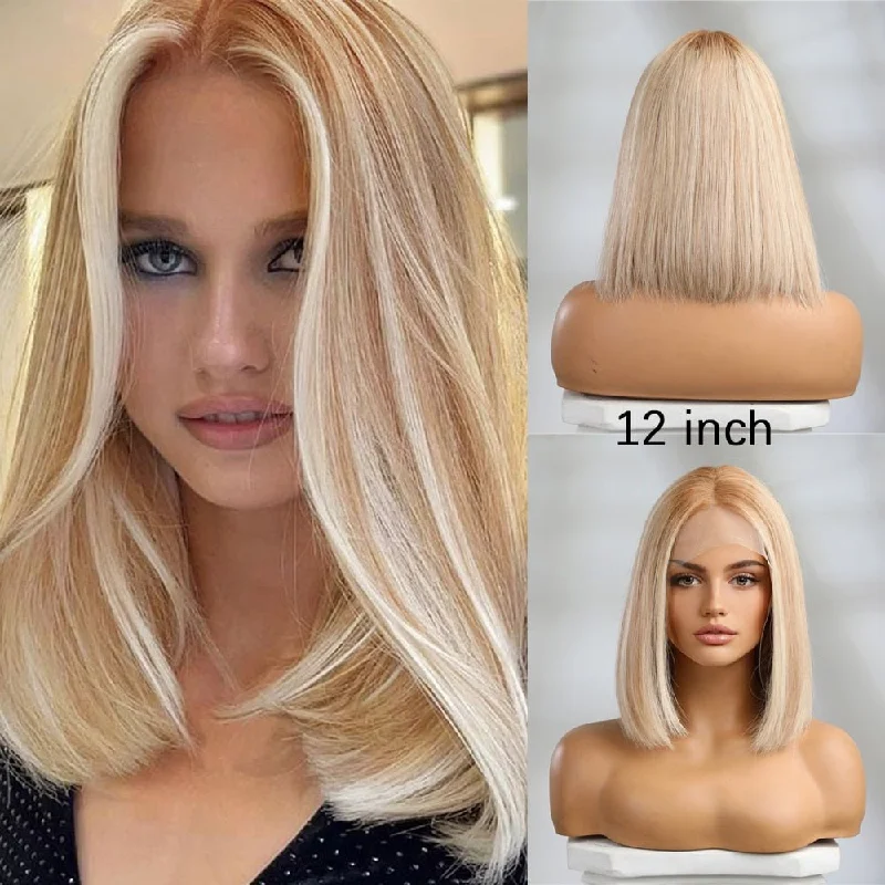 Human - hair wig with a wispy fringe for a soft and feminine lookBright Blonde Remy Human Hair Bob Lace Front Wig