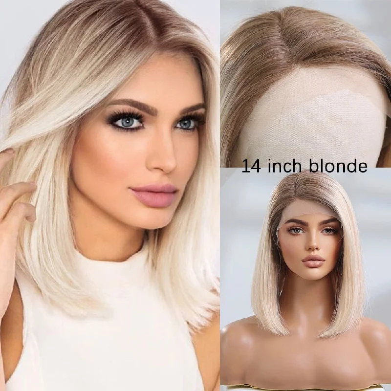 Human - hair wig in a jet - black color for a classic and timeless lookOmbre Brownish Blonde Remy Human Hair Bob Lace Front Wig