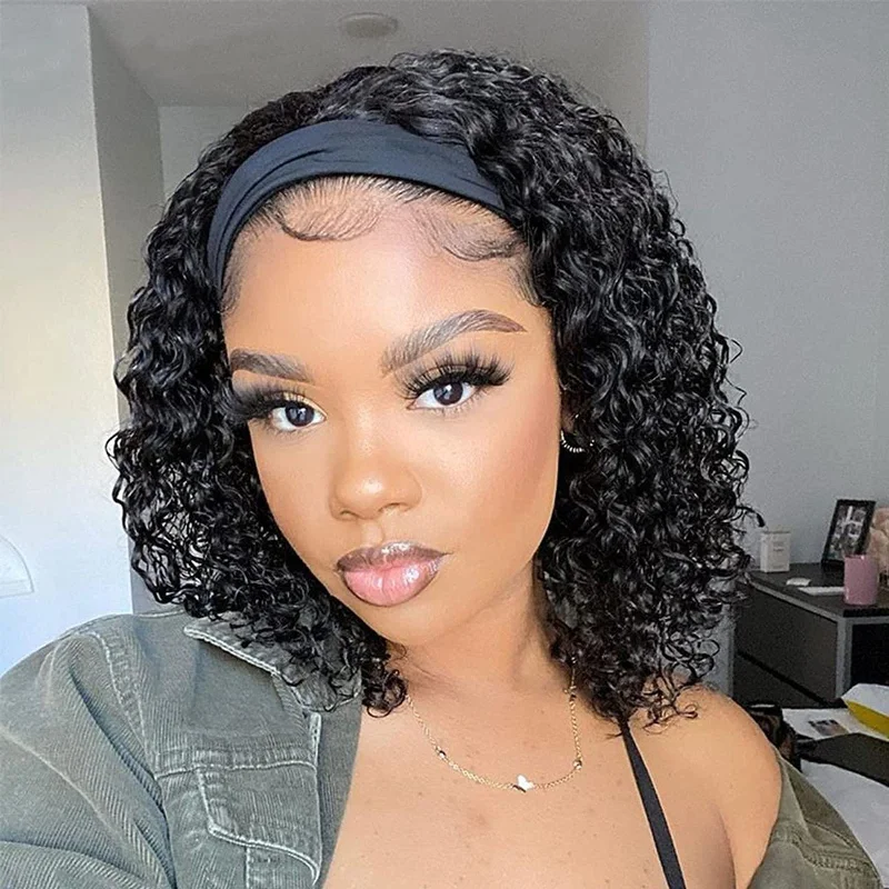 Human - hair wig with a wispy fringe for a soft and feminine lookCurly Headband Wig Glueless Non Lace Front Wigs