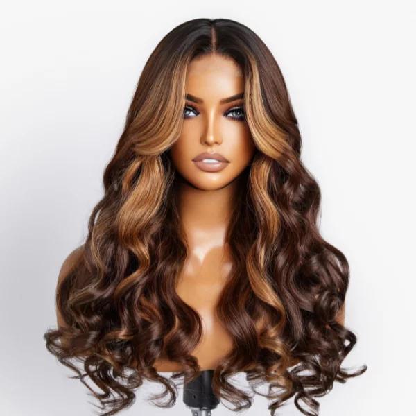 Malaysian - human - hair wig with a smooth and silky textureCurtain Bangs Chocolate Highlight Loose Wave Y-Shape Undetectable HD Lace Wig