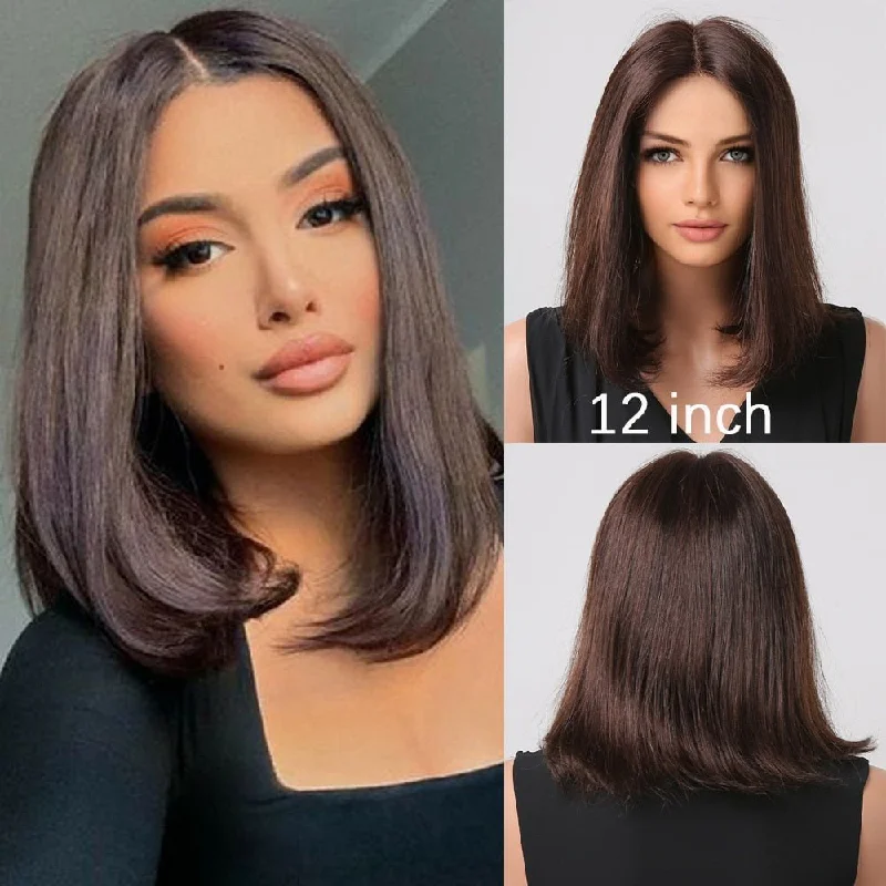 Human - hair wig with a curly texture for a bold and stylish choiceDark Brown Remy Human Hair Bob Lace Front Wig