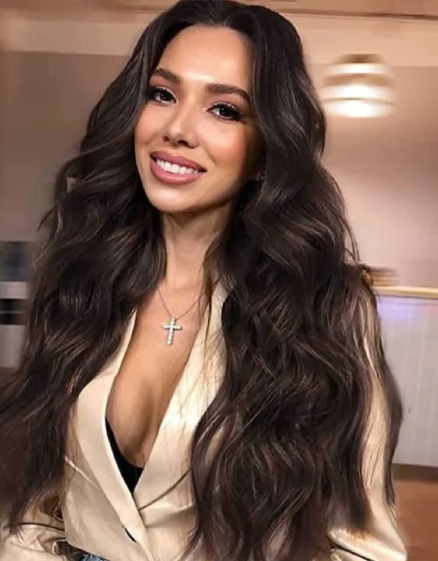 Human - hair wig with a middle - part for a classic and elegant styleLong Wavy Dark Brown Human Hair Wig, Deja