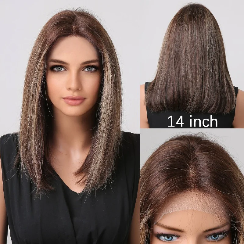 Human - hair wig with a wavy texture for a beachy and relaxed lookDull Brown Remy Human Hair Bob Lace Front Wig