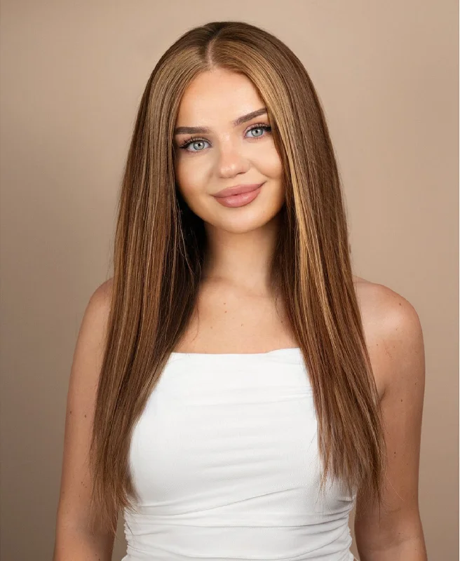 Lace wig with a silk - base cap for a comfortable and smooth feellace front human wig - 20" brown moneypiece.