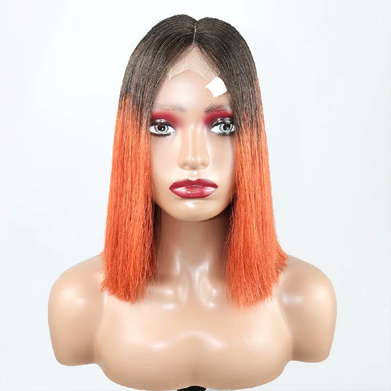 Adjustable - cap human - hair wig for a comfortable fitFull Lace Human Hair Wig Pre Plucked Orange and black Color