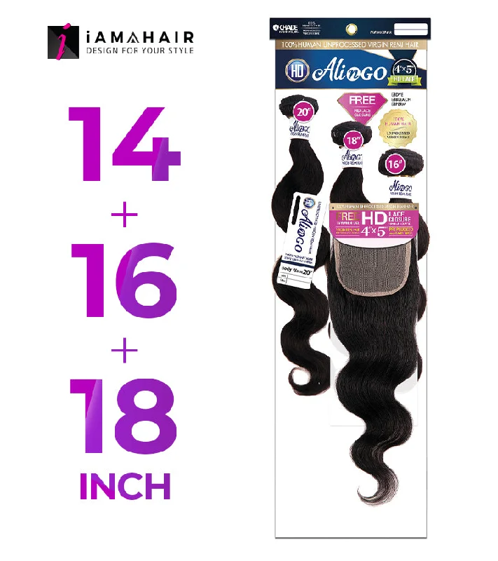 Braided wigs with a natural - looking scalp for a more realistic finishNew Born Free 100% Human Hair ALI N GO 3PCS+4x5 HD CLOSURE-(14+16+18)+12 BODY WAVE - HDAG344D3