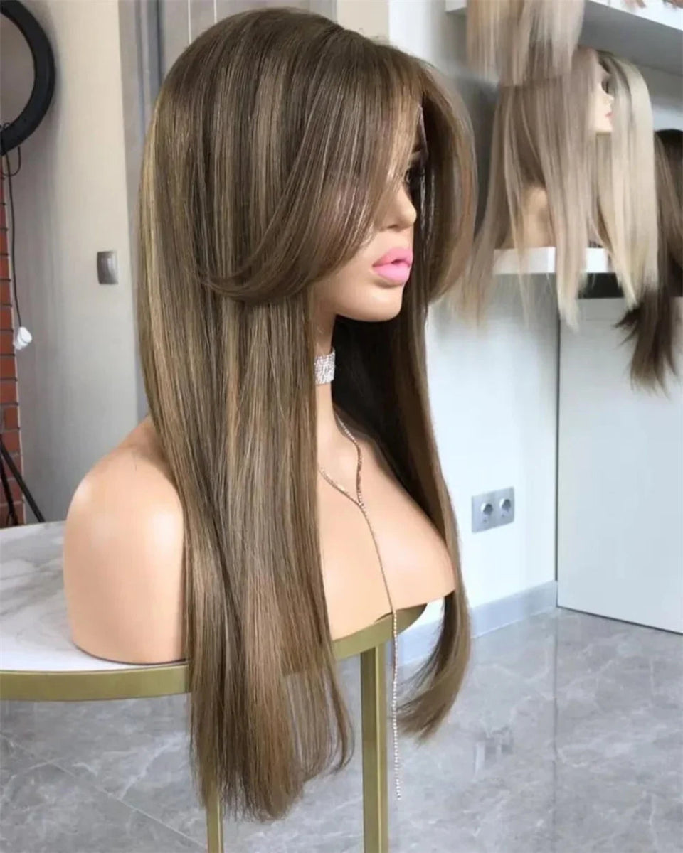 Virgin - human - hair wig with a natural - looking texture for a luxurious feelHighlight Blonde Brown HD Wig