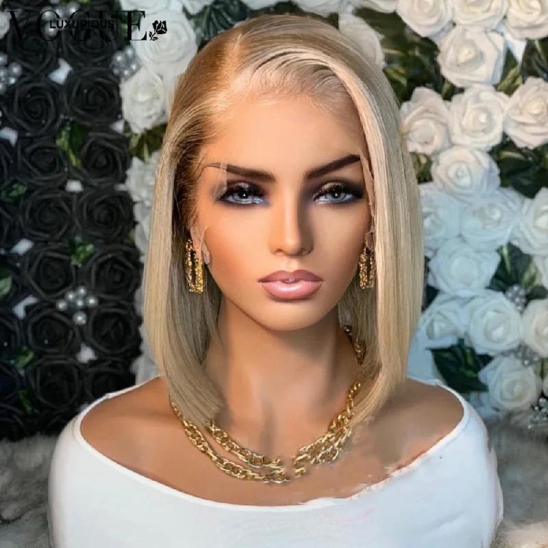 Virgin - human - hair wig with a natural - looking texture for a luxurious feelAsh Blonde Bob Straight Lace Front Human Hair Wigs