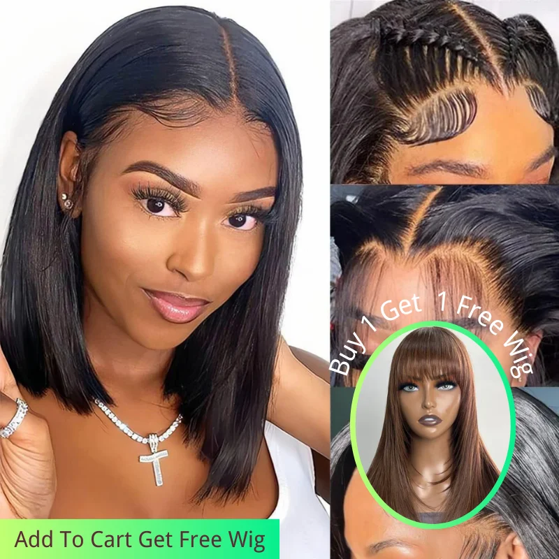 Full - lace wig with a natural - looking hairline for a seamless appearanceBuy 1 Get 1 Free | Klaiyi T Part Short Straight Human Hair Bob Wigs Middle Part Pre-plucked Flash Sale