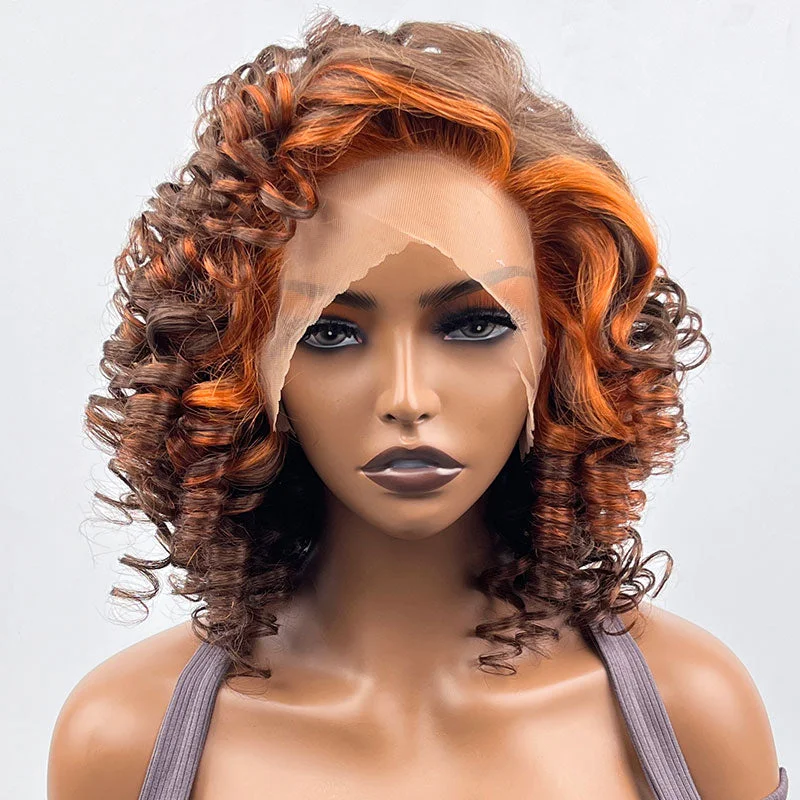 Lace wig with a 13x4 lace frontal for a wide - parting areaKlaiyi Chocolate Brown Mixed Ginger Orange Big Curly Lace Part Bob Wig