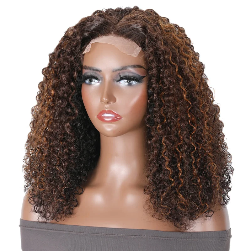 Lace wig with a silk - base cap for a comfortable and smooth feelKlaiyi Flash Sale 16 Inches Mix Brown Copper Red Color Lace Closure Wig T Part Jerry Curl