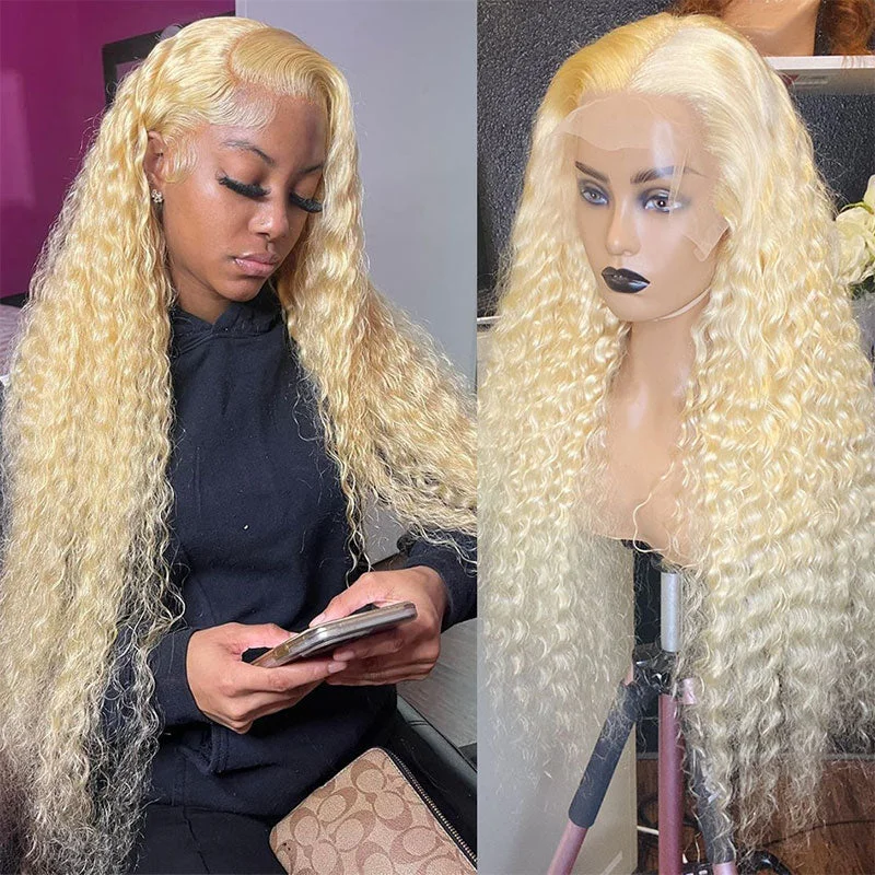 Adjustable - cap lace wig for a comfortable fitKlaiyi Honey Blonde 613 Color New Deep Wave  Lace Frontal Wig Virgin Human Hair