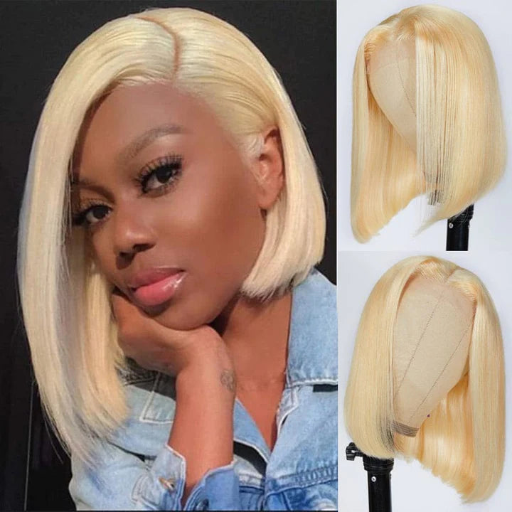 Lace wig with a 200 - density for a full and thick appearanceKlaiyi 180% Density 14"Honey Blonde 613 Short Bob Lace Closure / 13x4 Lace Front Wigs Bone Straight Human Hair Lace Flash Sale