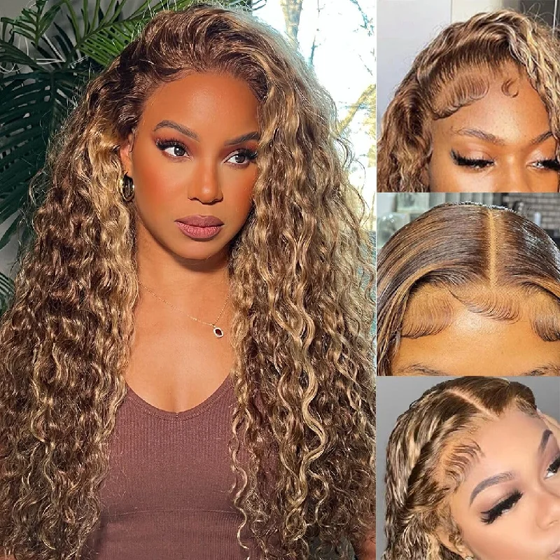 Lace wig with a honey - blonde color for a warm and sunny appearanceKlaiyi Ombre Highlight Lace Front Wig Water Wave Honey Blonde Human Hair Fall Trend Color Wig